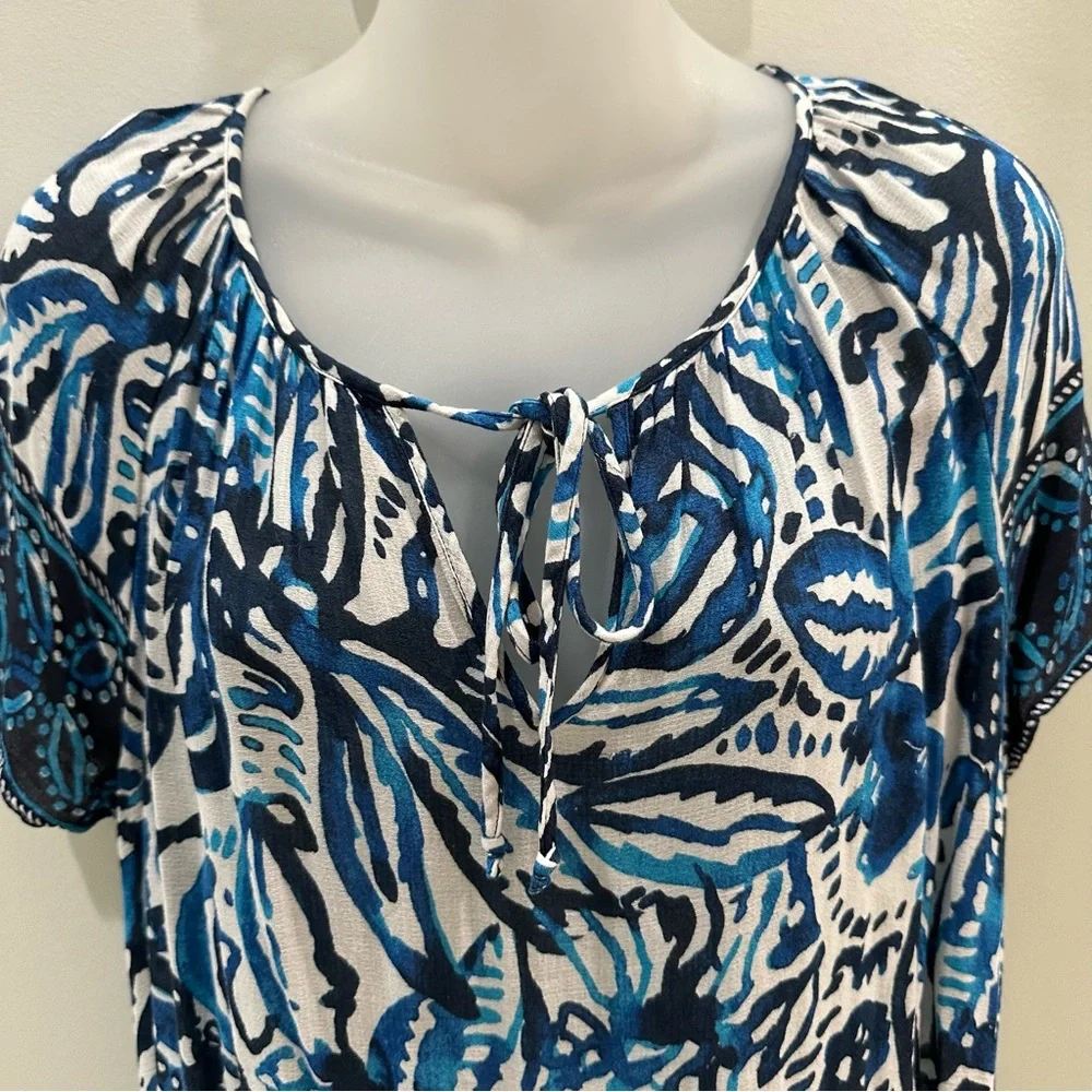 Lucky Brand Short Sleeve Boho Top Blue & White Size Medium - Picture 2 of 10